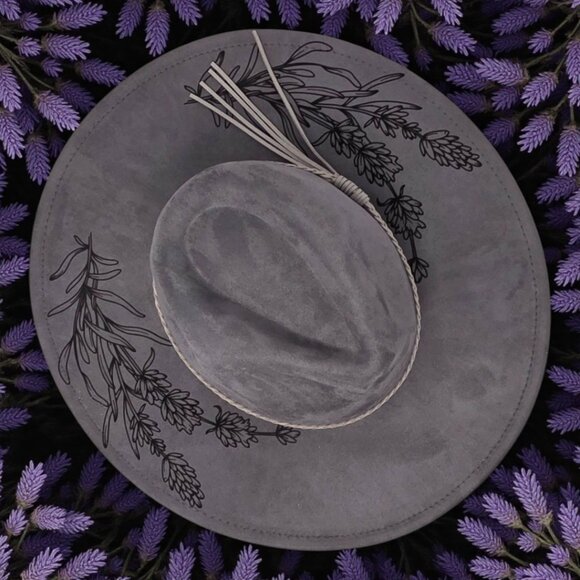 Vegan Suede Lavender Floral Rancher Style Cowboy Hat Wide Flat Brim